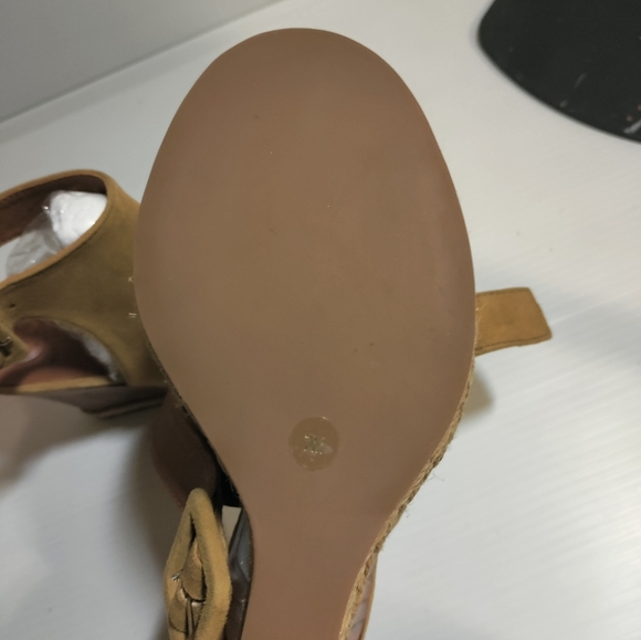 Tory Burch Tan Suede Leather Open Peep Toe Wood Wedge Slingback Heels Sandals 7 - Picture 5 of 5